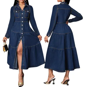Women's High Quality High-Length Single Breasted Long Denim Dresses Elegant Casual Elegant Long Sleeve Fall Plus Solid Dress