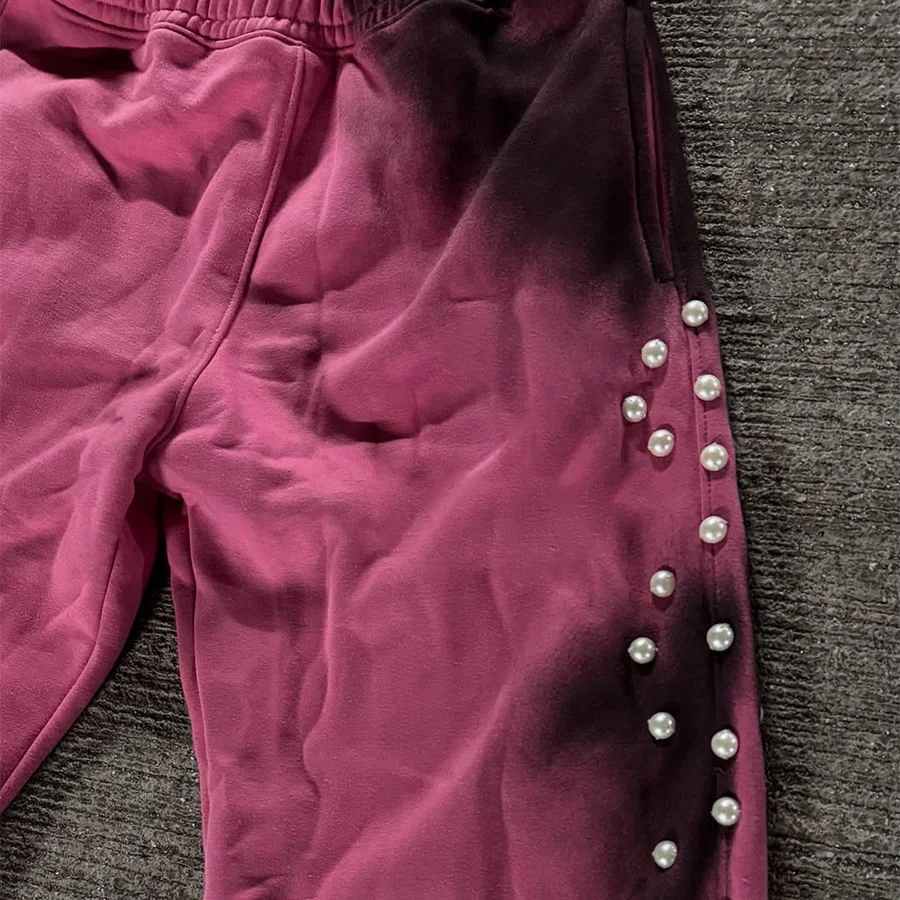 SALATI Street Wear Custom 100% Cotton French Terry Trouser Drawstring Bubble Beads Pants Dirty Wash Flare Sweat Pants for Men gallery 3