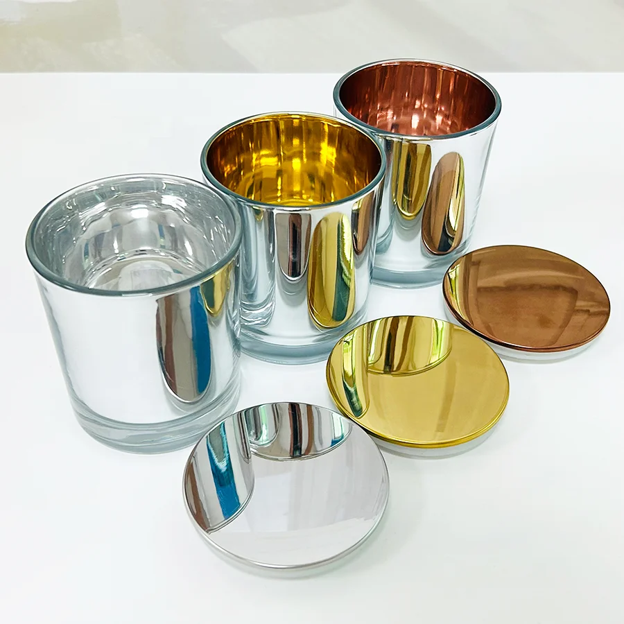 Unique Style Electroplated Iridescent Glass Candle Jar With Gold Metal Lid Rainbow Color Candle Jar With Lid