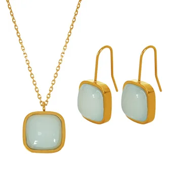 Luxury 18k Gold Plated Women Geometric Square Resin Pendant Stainless Steel Necklaces Earrings Fashion Jewelry Sets