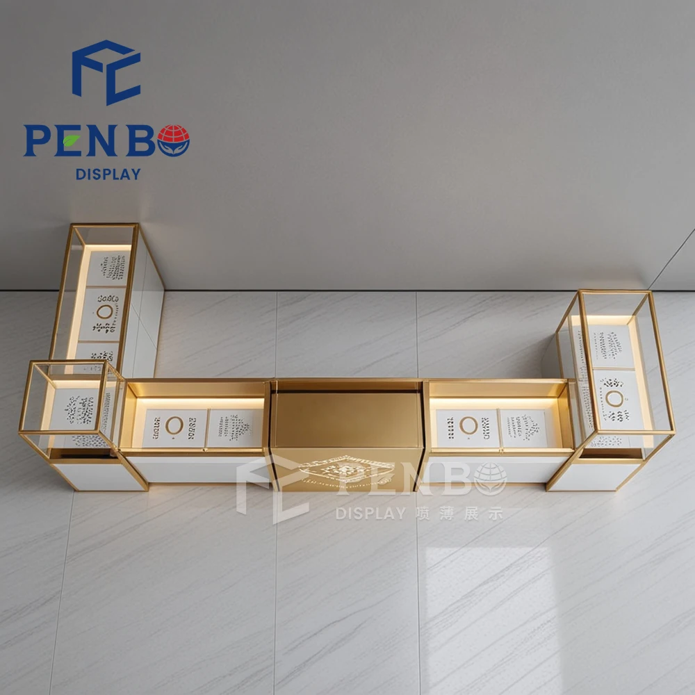 Custom Logo Mall Jewelry Kiosk Design Tempered Glass Jewellery Display Showcase Counter Jewelry Showcase Table for Showroom