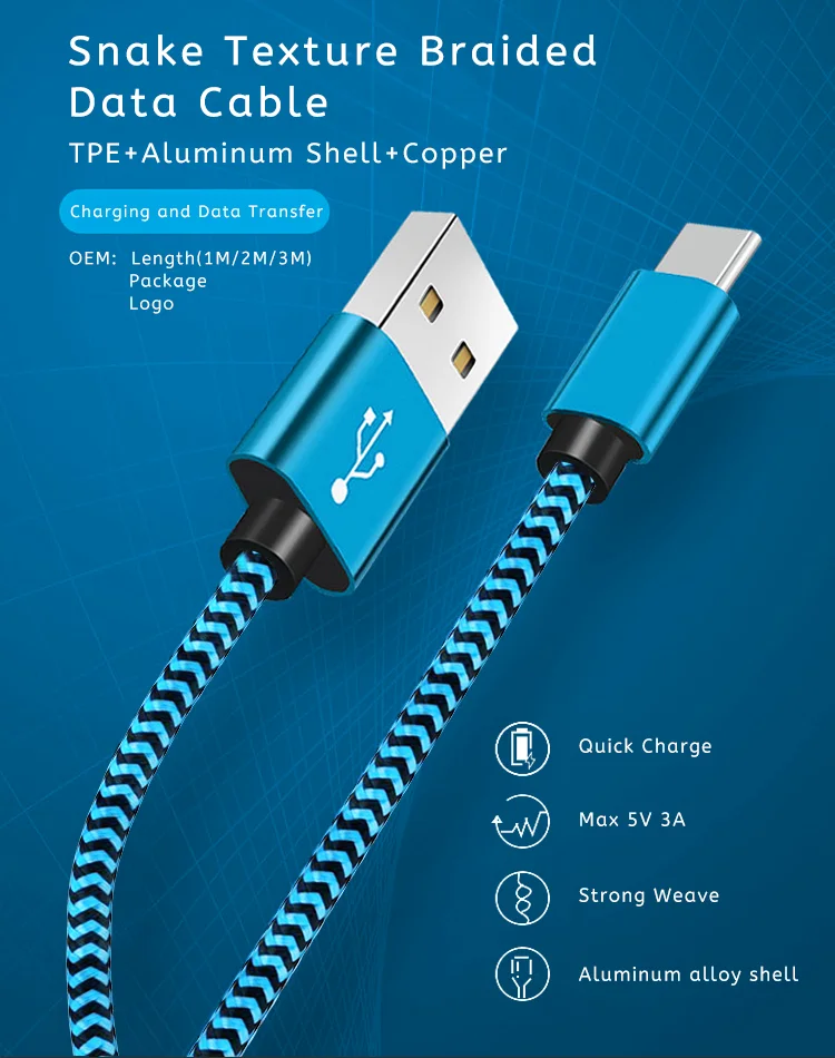 Nylon Braided Cable Usb Tipo C 3a Fast Charging Usb Type C Fast Cable 3