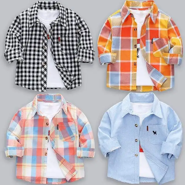 New children's checkered long sleeved jacket with single breasted brushed warm shirt and shirt