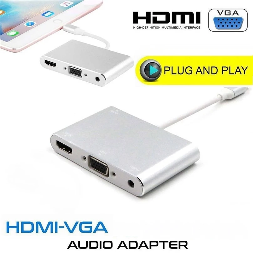 Type C To Hdmi Vga Hdtv Otg Cable For Iphone 8 Pin To Hdmi Vga Av Audio Video Adapter For Iphone Ipad Air Mini For Samsung View For Iphone To Hdmi Vga