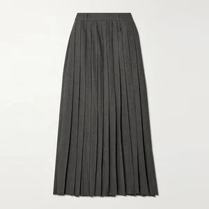 Clothing Manufacturer Custom Spring Autumn Gray High Waisted Women Elegant Casual Pleated Woven Maxi Skirt