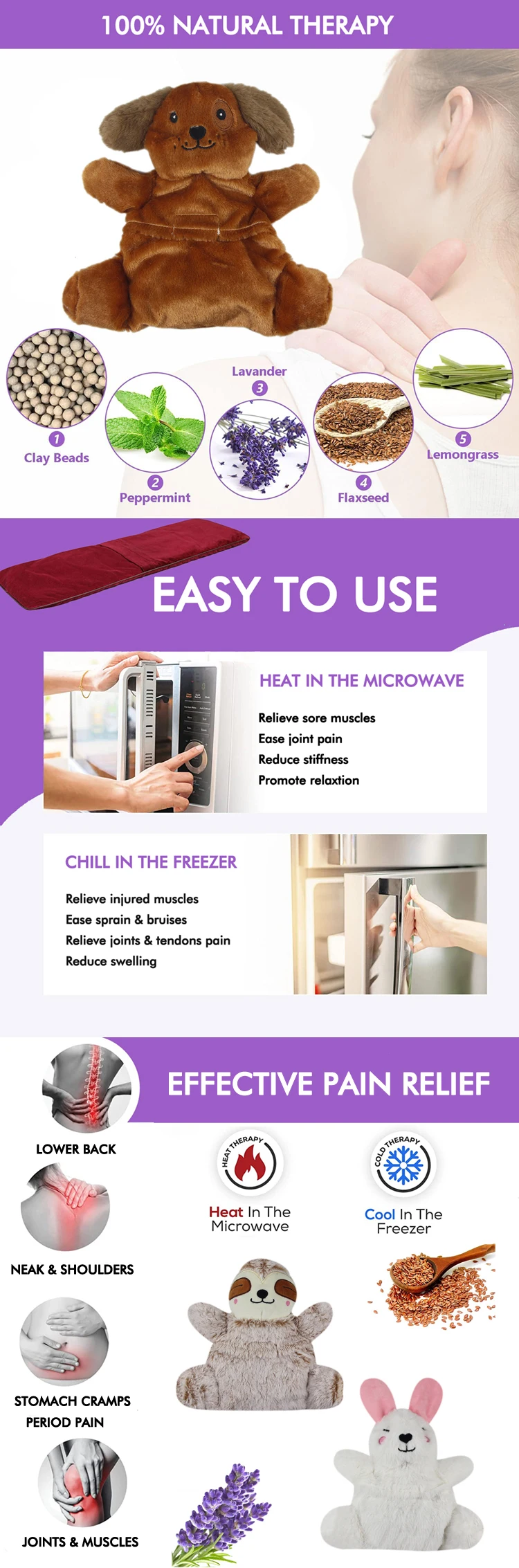 wholesale weighted stuffed animal lavender microwavable heating pad animal heat pack for kids