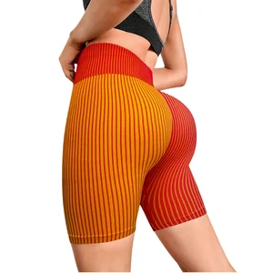 Customized Seamless Yoga Shorts Striped Color Block Textured High Waist High Stretch Tight Tummy Control Sports Wear for Women