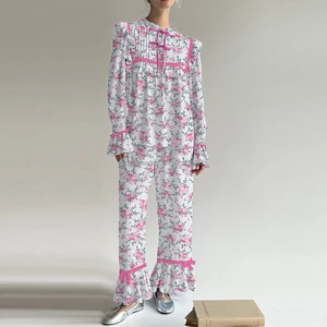 Spring Soft Breathable Long Sleeve Ruffle Neck Pleated Bow Loose Pullover Top Pants Printed Trim Comfortable Pajamas Women