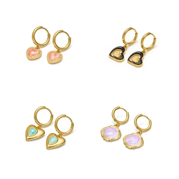 Trendy 316L Stainless Steel Heart Charm Earrings Colorful Enamel Dangle Hoops Lobe Helix Piercing Jewelry for Women