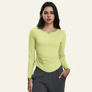 Custom Women's V Neck Ruched Waist High Stretch Moisture Wicking Athletic Yoga Long Sleeve Top