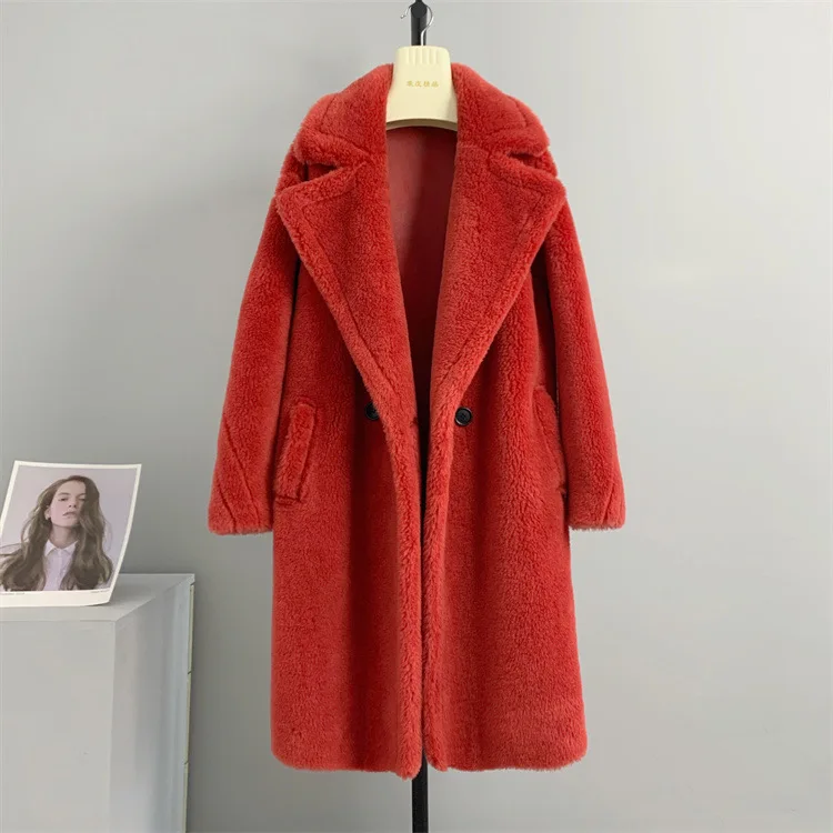 High Quality Loose Cashmere Sheep Alpaca Lapel Wool Fabric Trench Coats Luxury Coats for Women Shearing Long Overcoat