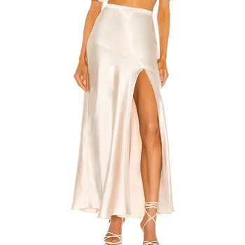Elegant Simple Women Casual Silk Long Skirt Set Ladies Casual Plain Split Custom White Satin Maxi Women's Skirts
