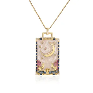 Custom Gold Plated Micro Pave Shiny rainbow Zircon Enamel Rectangular Moon Charm Oil Painting Copper Gilded Pendant Necklace