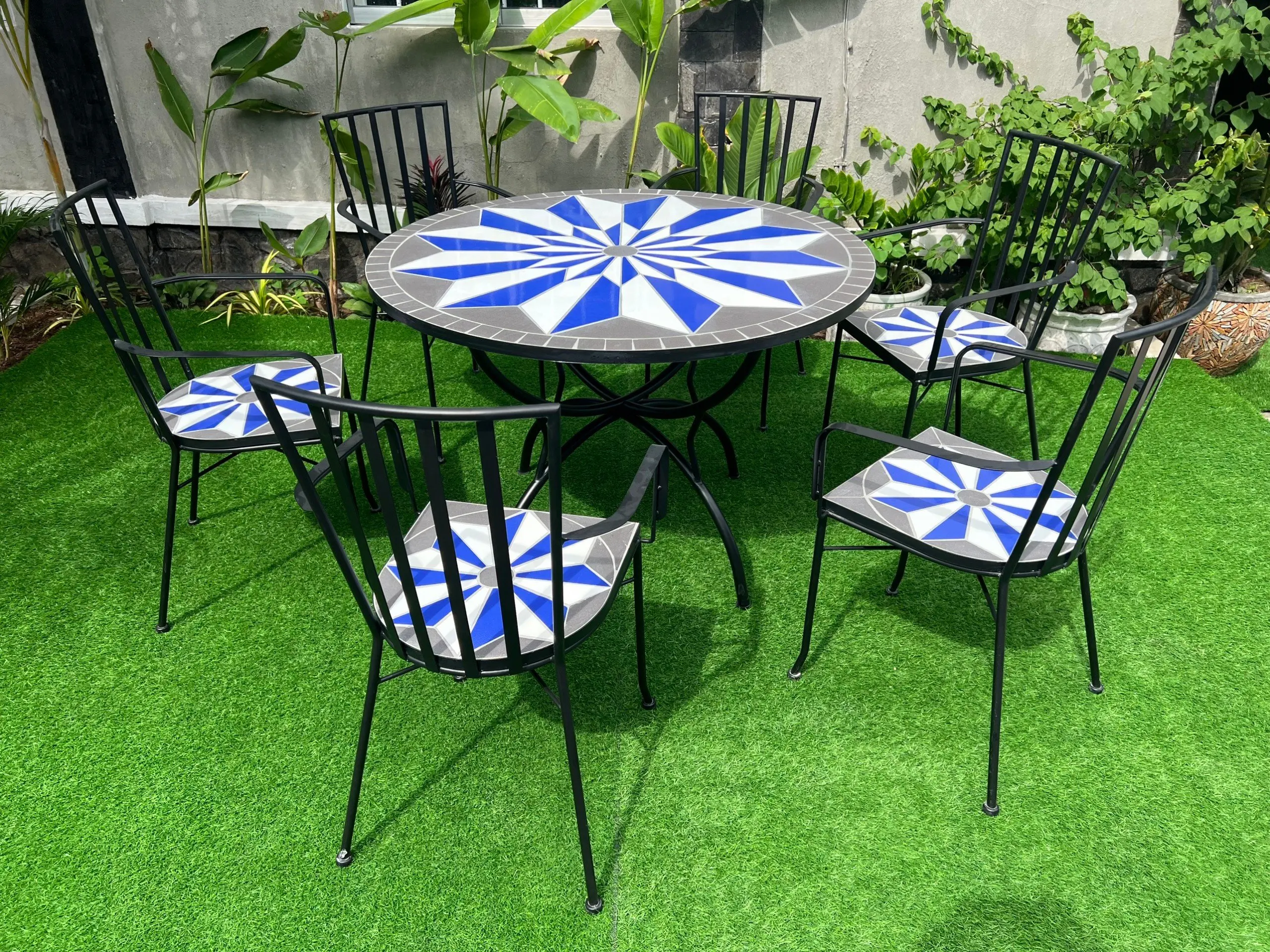 Patio Dining Set Round Mosaic Table with 4 Patio Folding Chairs Garden Outdoor Table and Chairs