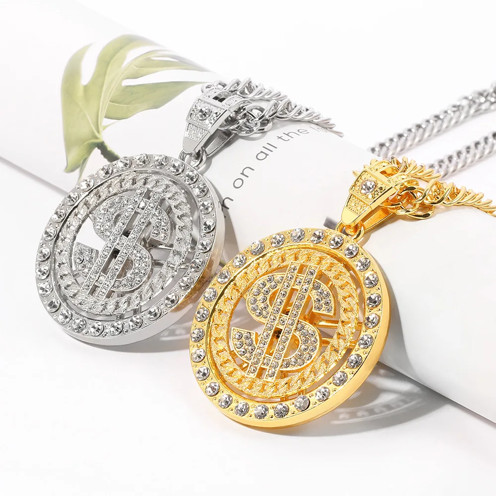 Gold Plated Dollar Sign Pendant Necklace – Hip Hop Chain With Rhinestones For Men & Women, Alloy