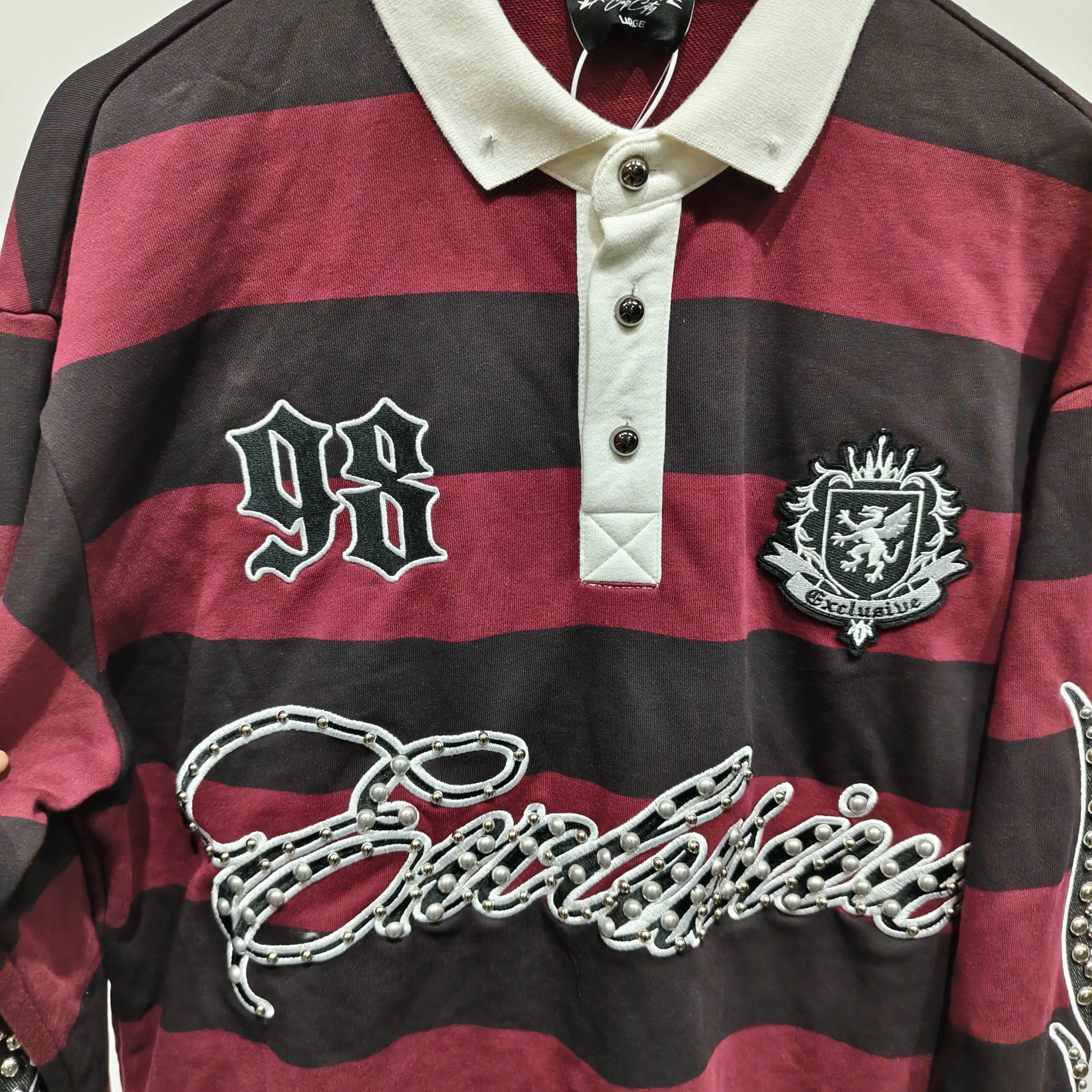 Oem Men's Long Sleeve Oversize Rugby Polo Shirts Button Collar Striped Cotton Knitted Rhinestone Embroidered DTG Shirt for Men gallery 3