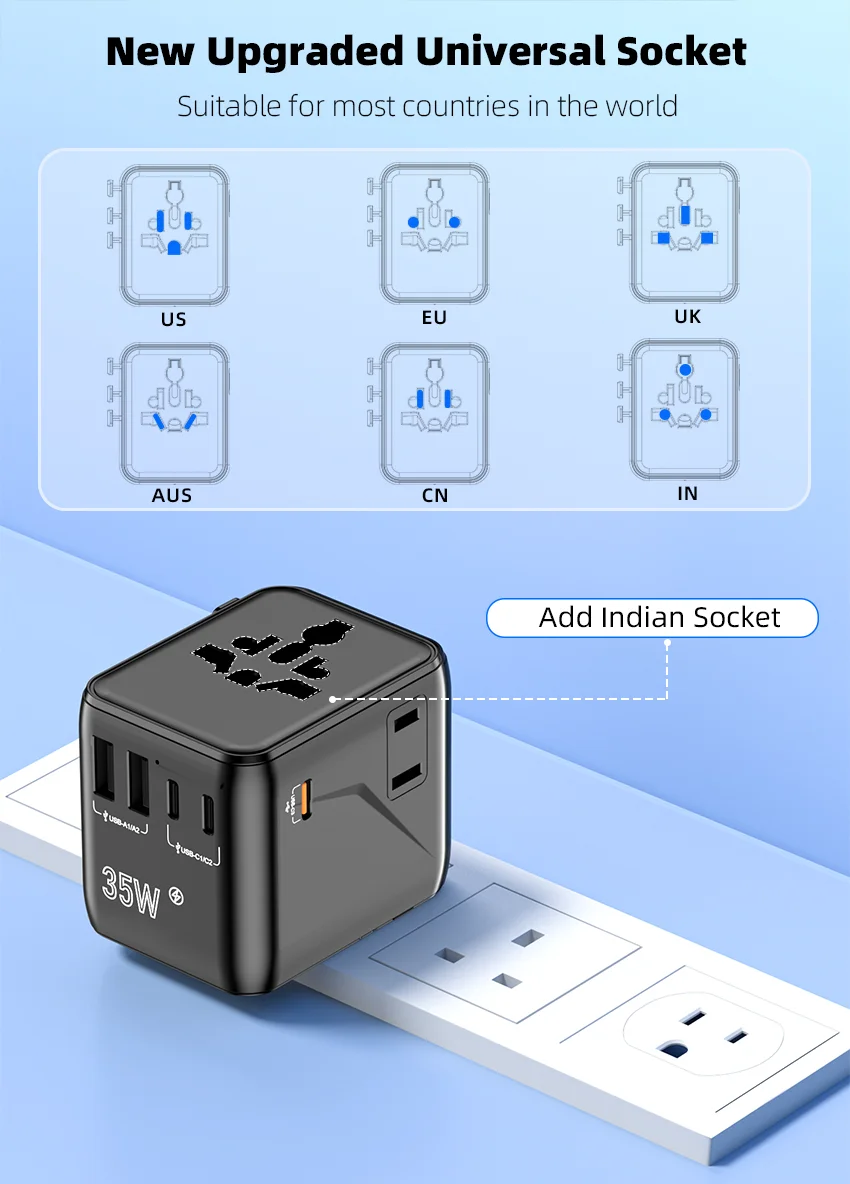 2AC 2500W PD 35W Cargador Fast Charger Multi Plug Socket Universal Travel Power Adapter with 2A3C Gan Travel Adaptor