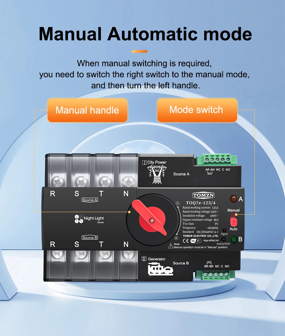 TOMZN Din Rail eWelink WIFI smart ATS timer 230V Dual Power Automatic Transfer Selector Switch Uninterrupted 4P 125A Generator