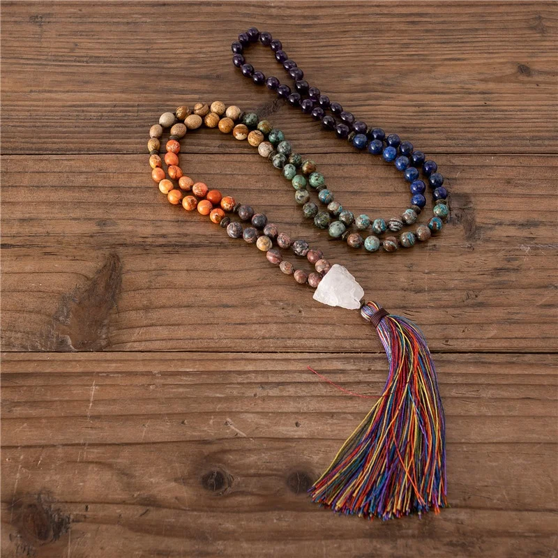 Handmade 7 Chakra Multi Colors Natural Stone 108 Mala Beads Necklace With Tassel Yoga Meditation Jewelry Friends Gifts Wholesale