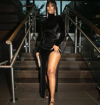 Sexy velvet split maxi dress women casual 2022 black party wear long sleeve slim bodycon long dress
