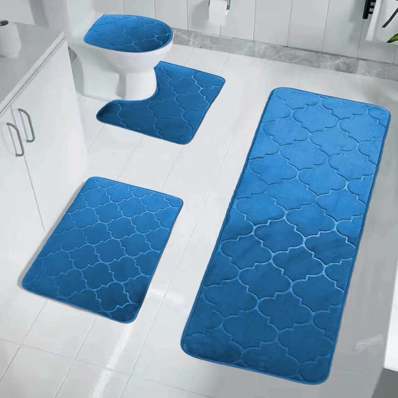 Classic Style 4-Piece Chenille Carpet Bath Rug Set Quick-Drying Polyester Non-Slip PVC Bottom Solid Toilet Mat Bathroom