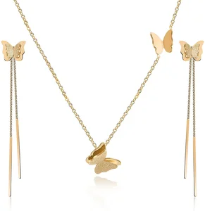 Custom New Arrival Fashion Jewelry Jewelry Set Butterfly Tassel High Quality Gold Plated Jewellery Earrings and Necklace Sets