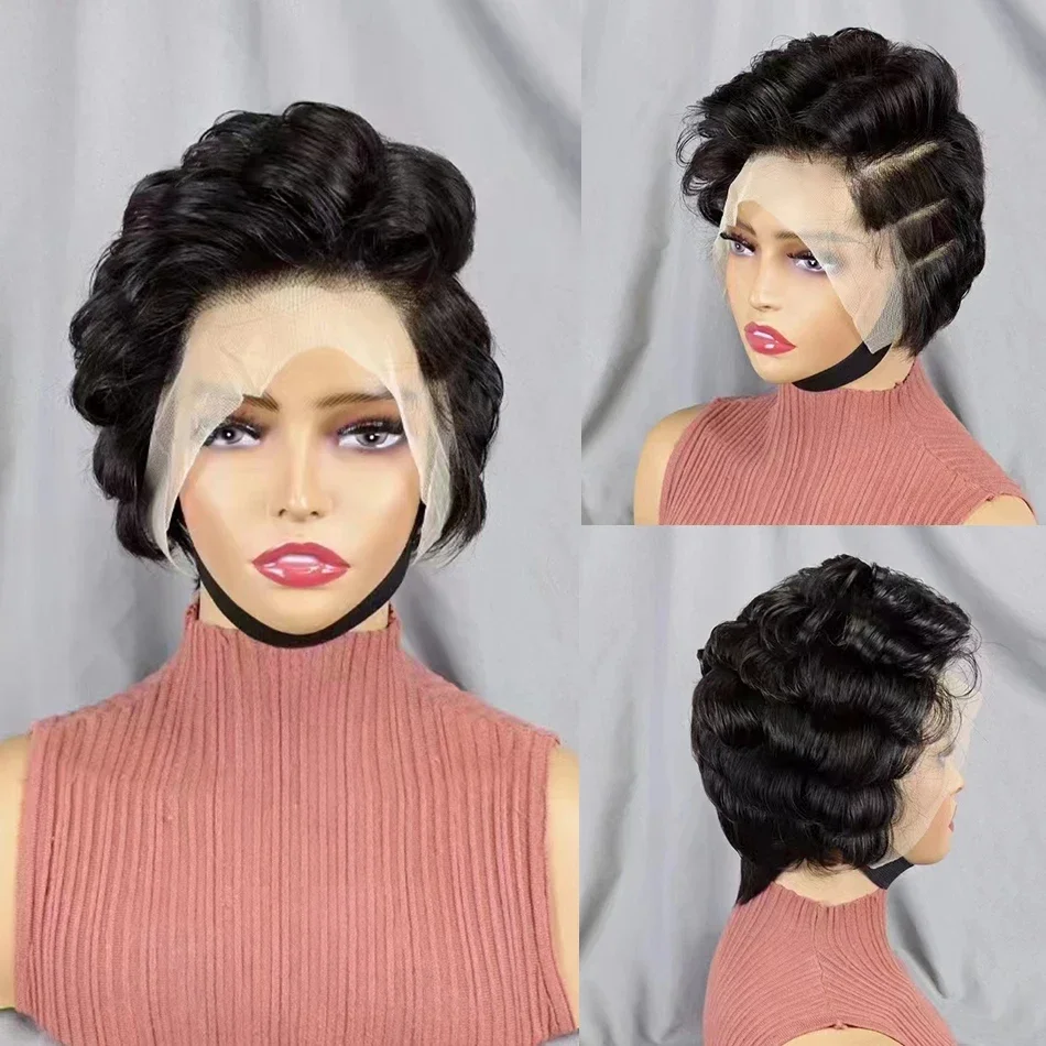 Burgundy 99J Red Color Lace Front Short Bob Wig Human Hair Pre Cut Loose Bouncy Wave Pixie Cut Frontal Wigs Preplucked_voghion.com