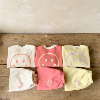 Kids Clothing Set Pullover Face Print Long Sleeve Sweatshirt Toddler Girls Boys Tops Pants 2pcs Outfit Infant Costume