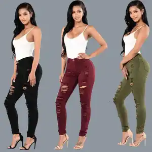 Women's Sexy Solid High Waisted Skinny Denim Jeans Trousers Casual Breathable Pencil Pants XL Size Distressed Style Hole for