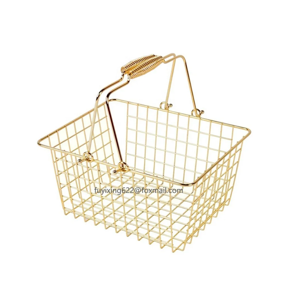 Gold Stackable Wire Mesh Basket Shopping Storage Basket with Double Handle