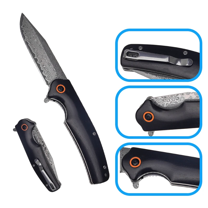 Outdoor 3.46in Damascus Blade Folding Knife With Ebony Wood Handle
