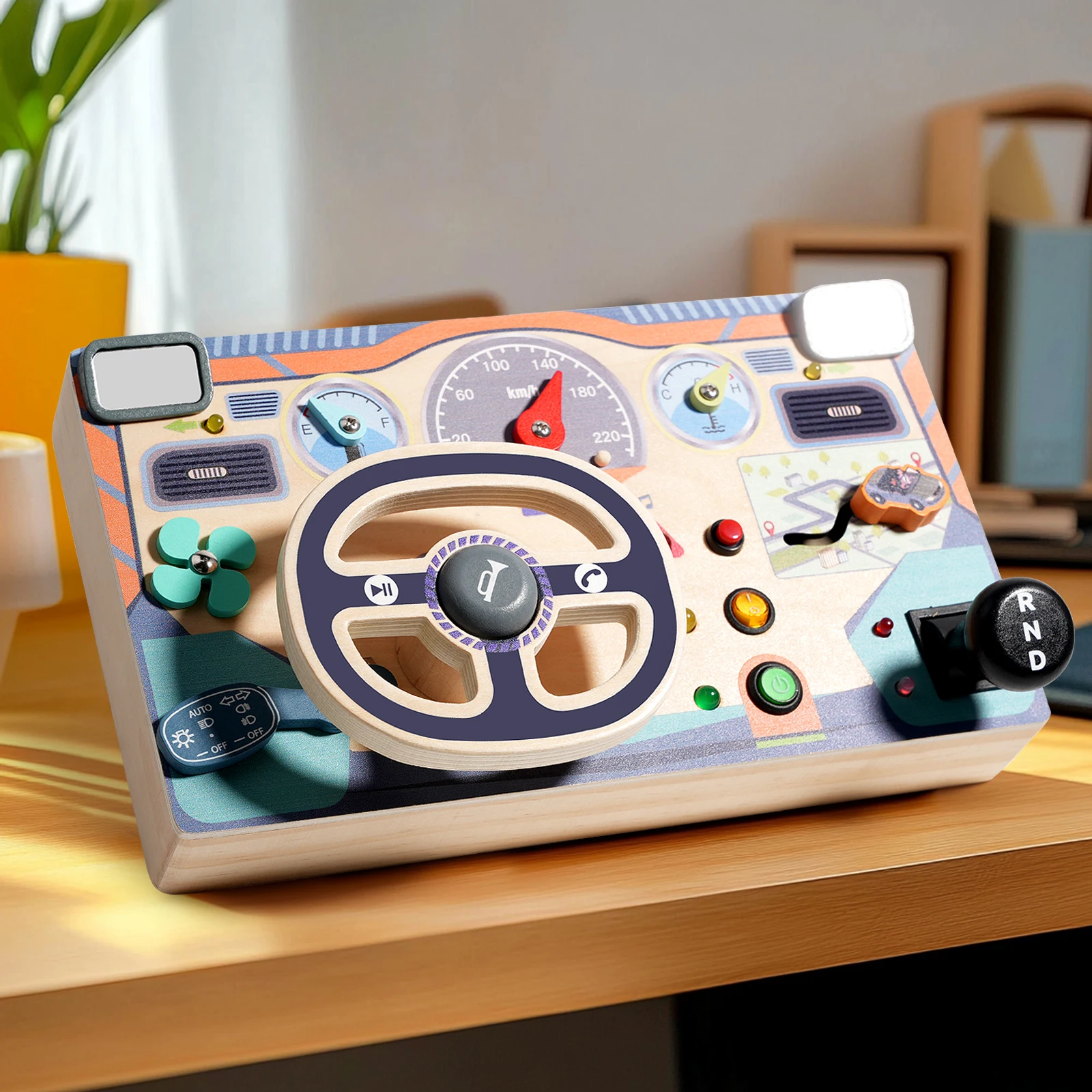CPC CE 몬테소리 유아용 바쁜 보드 여행 교육 완구 나무 스티어링 휠 조명 스위치 포함 바쁜 보드