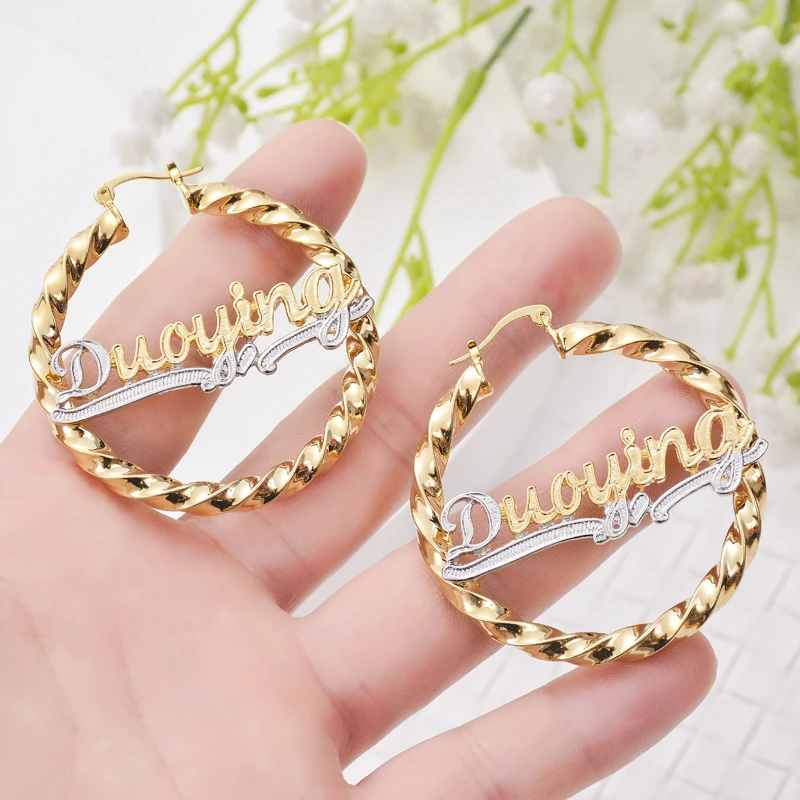 Hip-hop Two Tone Gold Plated Oversize Earring for Woman Wedding Party  Hippie Twisted Custom 3d Name Hoop Earring