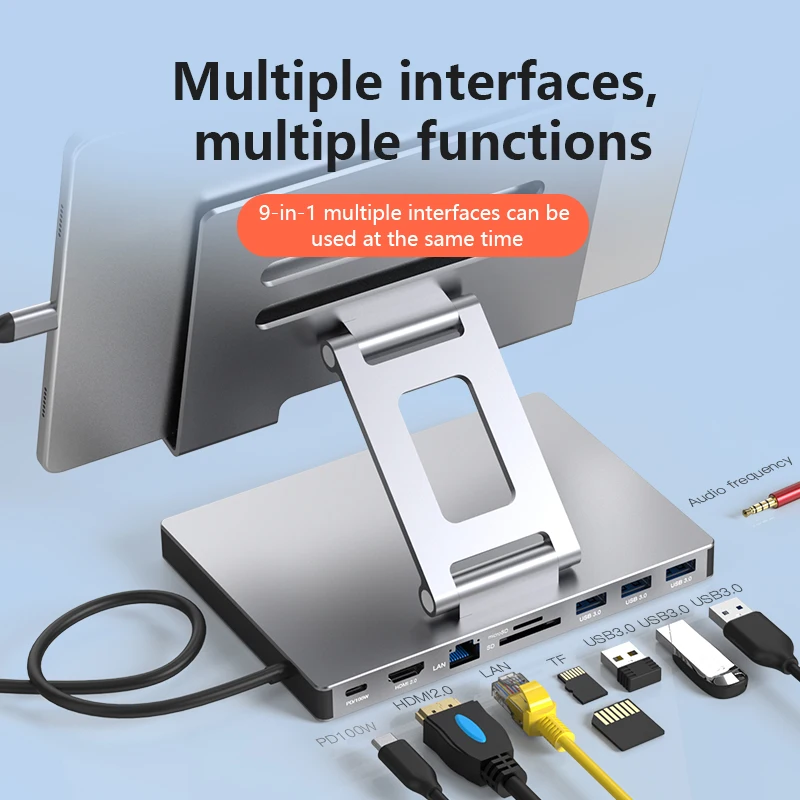 New 8-Port 8 In 1 8-In-1 USB-C Docking Station with Foldable Aluminum Tablet Stand with Multiport USB C Type C Hub for iPad Pro