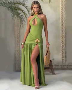 Elegant Backless Sexy Maxi Dress Set Women Halter Bodysuit Top and Maxi Skirt Female Ruched Split Two Piece Matching Set