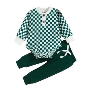 Wholesale Knitted Cotton Baby Clothing Set Checkerboard Plain Romper and Solid Pants for Girls for Spring