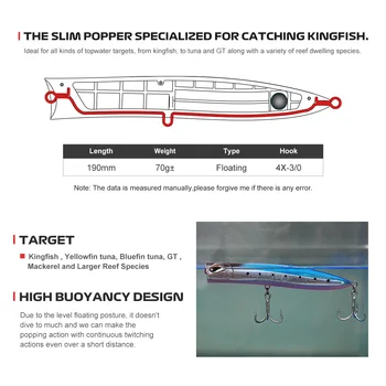 190mm 70g Saltwater Fishing Artificial Popper Bait Slim Lures Tuna Amberjack Kingfish Top Water Hard Lures – Popper – view 4