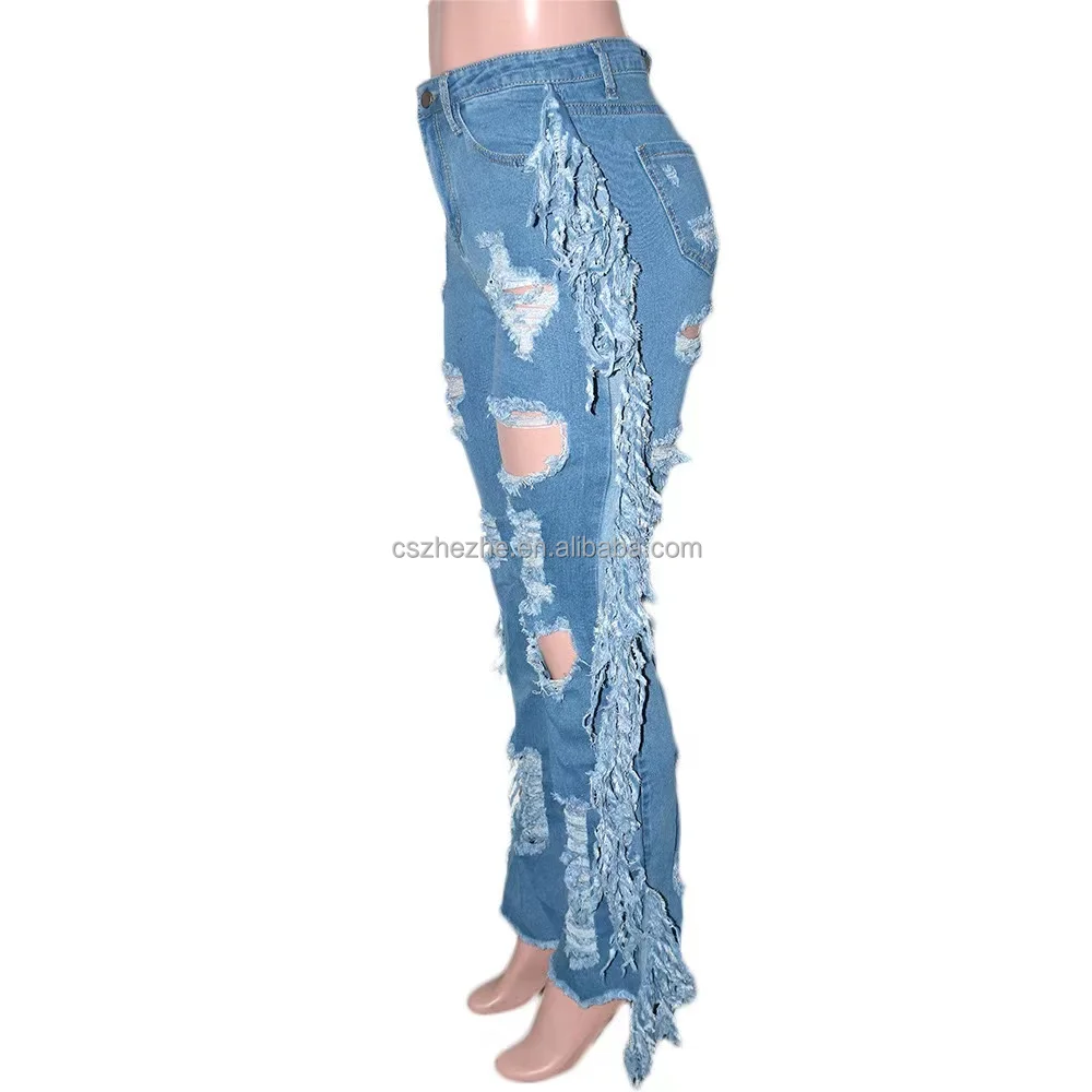 Zhezhe High Quality Ripped Denim Pants With Tassel Fringe Street Trendy