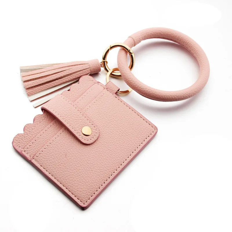 Visland Multifunctional Bangle Key Ring Card Holder Faux Leather Leather Round Keychain with Matching Wristlet Wallet for Women Girls, Women's, Size