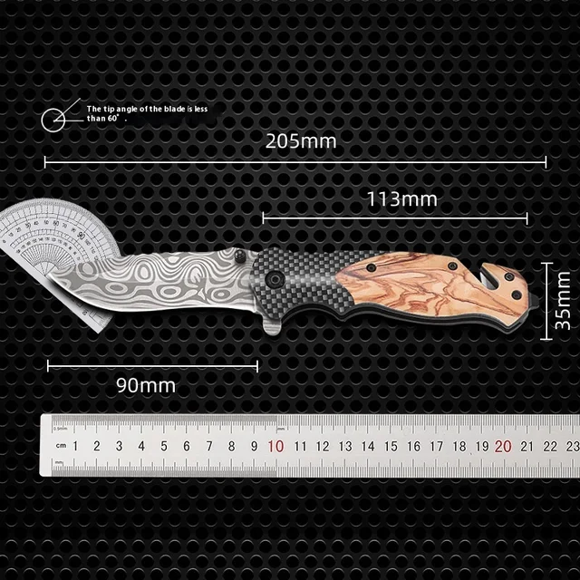 Portable Stainless Steel Folding Knife with Damascus Pattern High Hardness for Outdoor Camping Survival DIY Grade Wood Handle