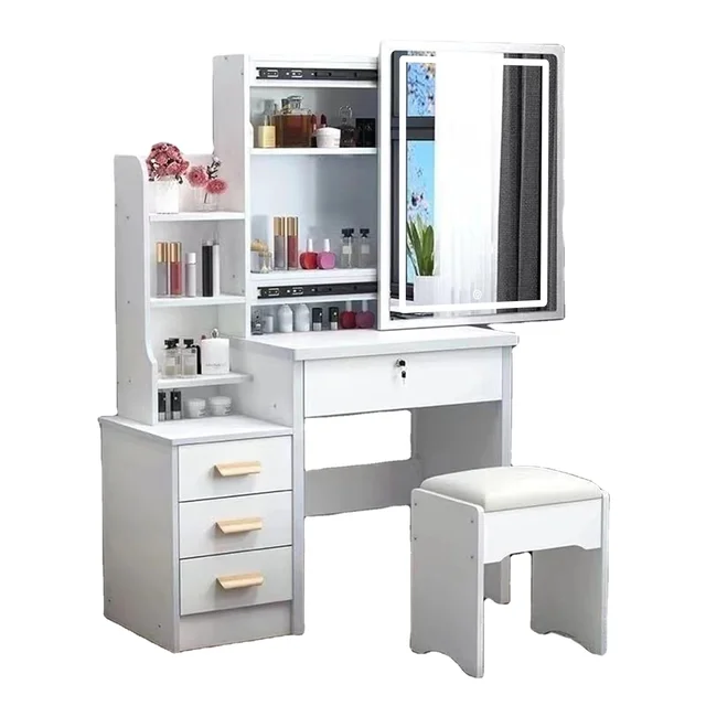 MDF Modern Bedroom Furniture Drawers Storage Nordic White Makeup Vanity Dressing Table With Mirror And Stool
