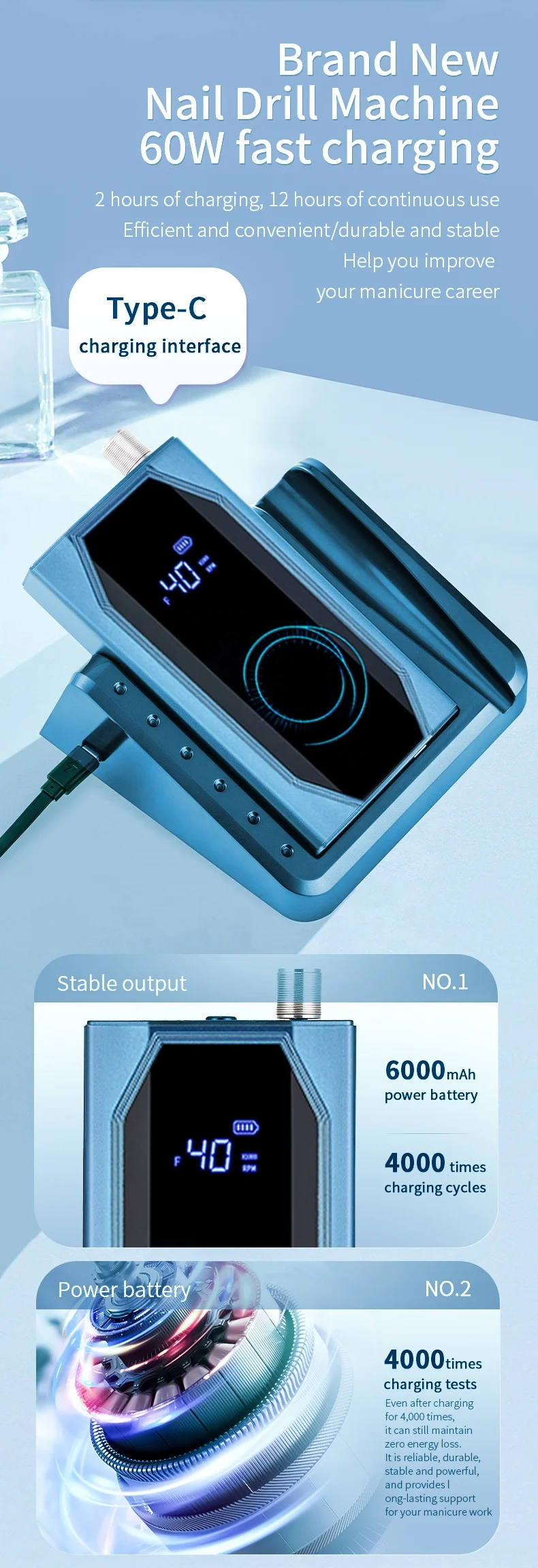 AT-NDB-181 Nail Drill Cordless Electric File Rechargeable Machine for DIY Nail Art Salon and Home supplier