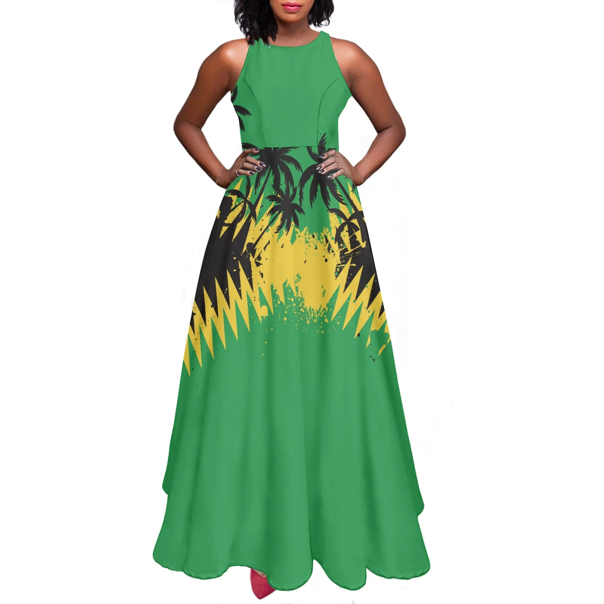 Tropical Print Maxi Dress With Jamaica Flag Design For Women Odm