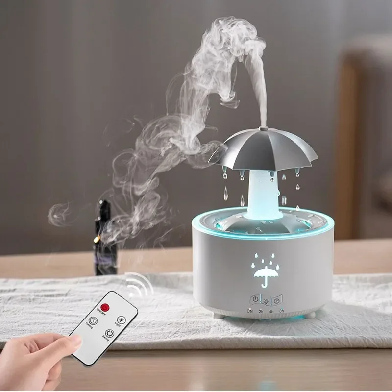 2025 Popular 300ML Ultrasonic Humidifier Household Rain Cloud Aroma Diffuser LED Light Rotating Umbrella Remote Control Plastic