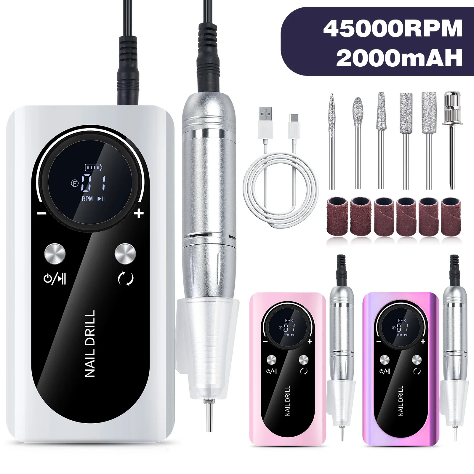 New Cross-border Professional Nail Unload v 2 Grinder 45000 Rpm Accumulator Portable Electric Nail Grinder