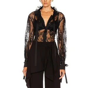 2020 Sexy Black Sheer Lace   Long Sleeve Drawstring Collar  Blouse Top   Women