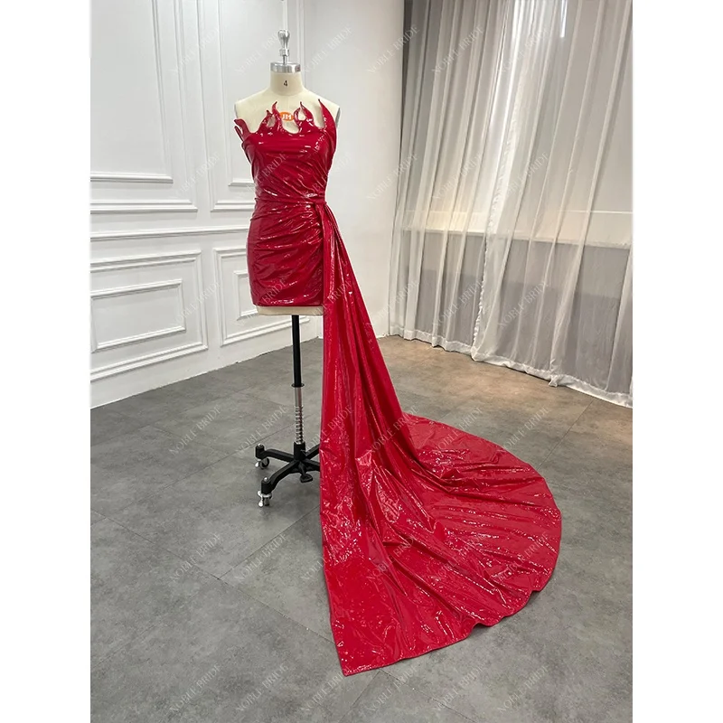 green lace evening dress Long Red Prom Dress with Side Rosettes– PromGirl main image 1