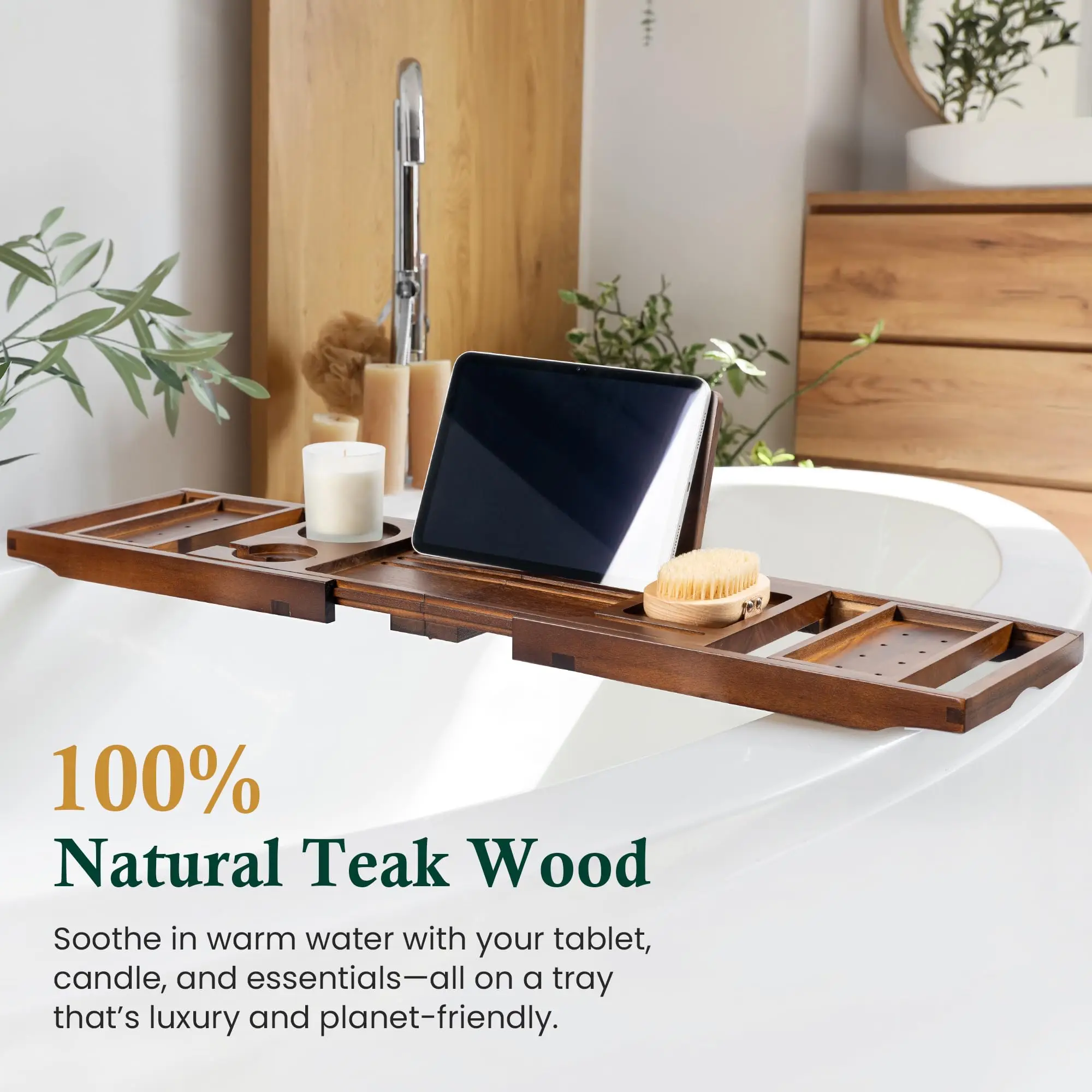 product expandable wood bathtub tray with wine glass holder bathroom stand bookshelf reading spa and relaxation experience for bathroom-4