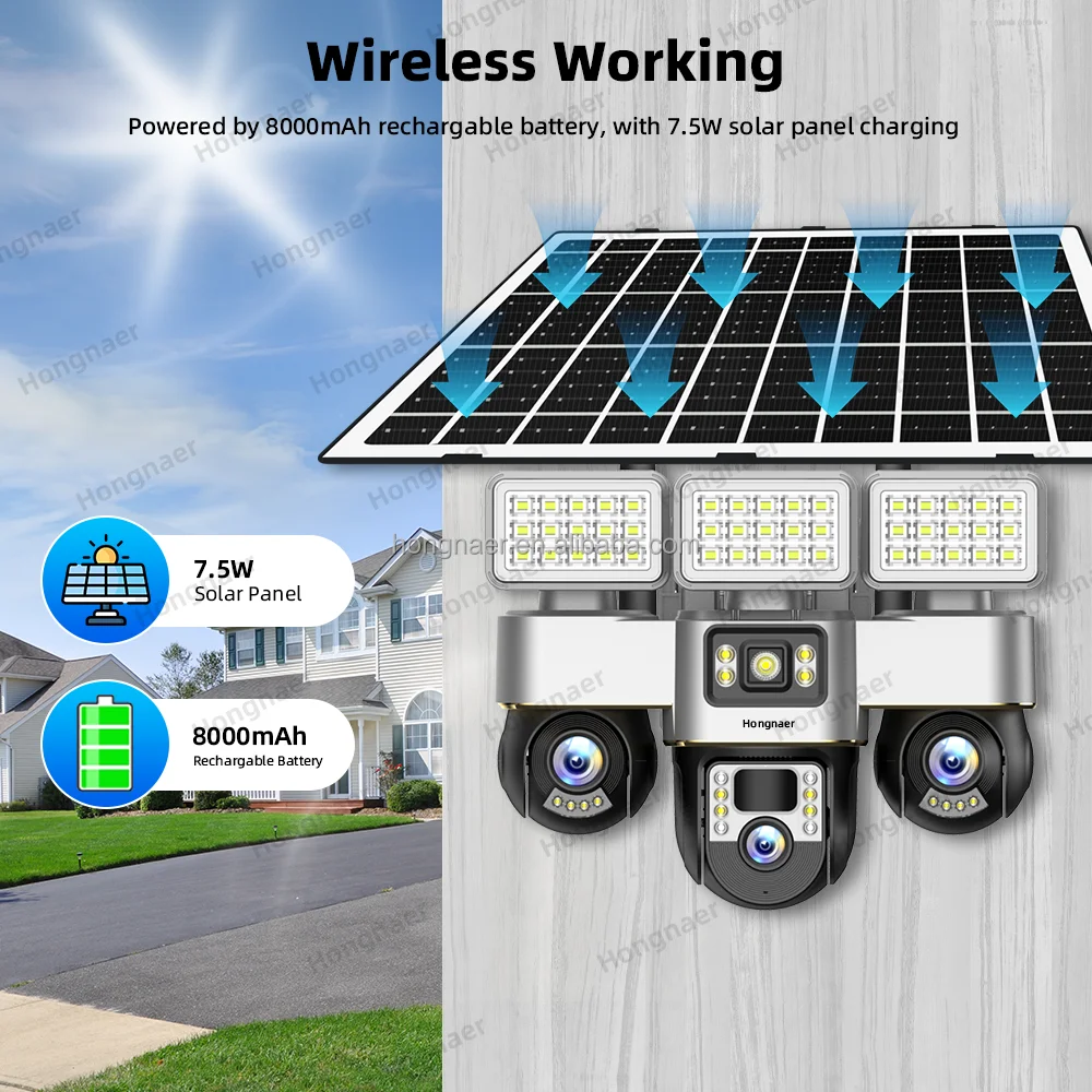 Hongnaer 6MP 3 Video 3 Lens Wireless Solar Panel Powered CCTV PTZ Camera V380 Pro Outdoor WiFi 4G Sim Card Solar Security Camera