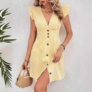 2026 Women's Summer Midi Dress Natural Waist Elegant Striped Pattern Buttons Deep V-Neck Strapless Casual Short New Collection
